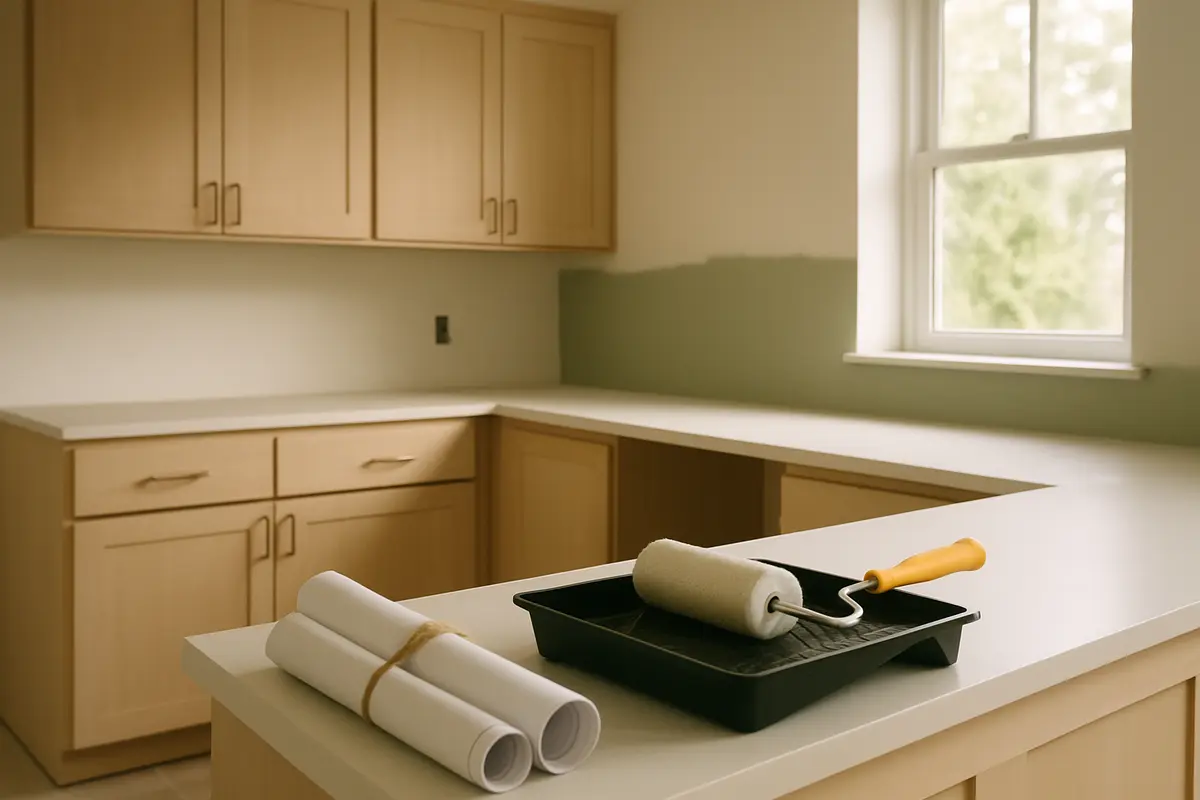 A partly renovated kitchen with new pale wood cabinets, a paint roller on a tray and rolled-up plans on the counter in soft daylight.