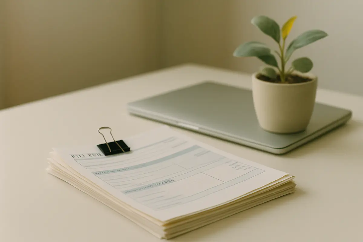A clipped stack of pay stubs and bank statements beside a closed laptop and a small potted plant on a white desk.